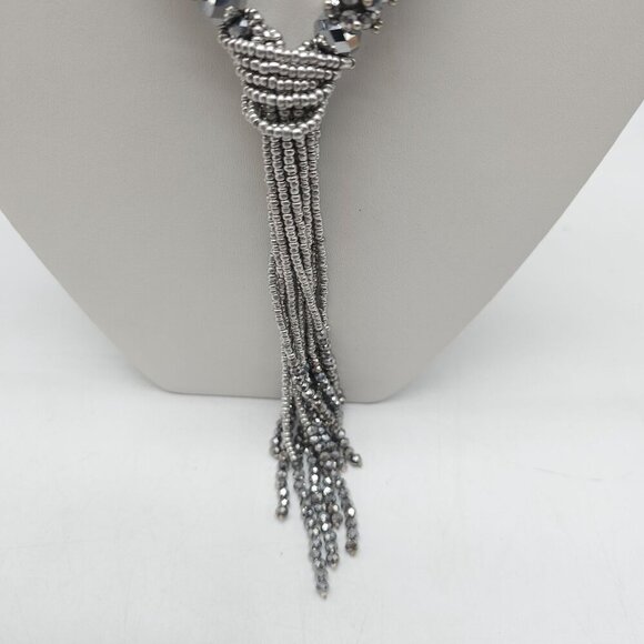 Sparkling Silver Beaded Tassel Necklace Faceted Beads Intricate Knot Design - Picture 3 of 7
